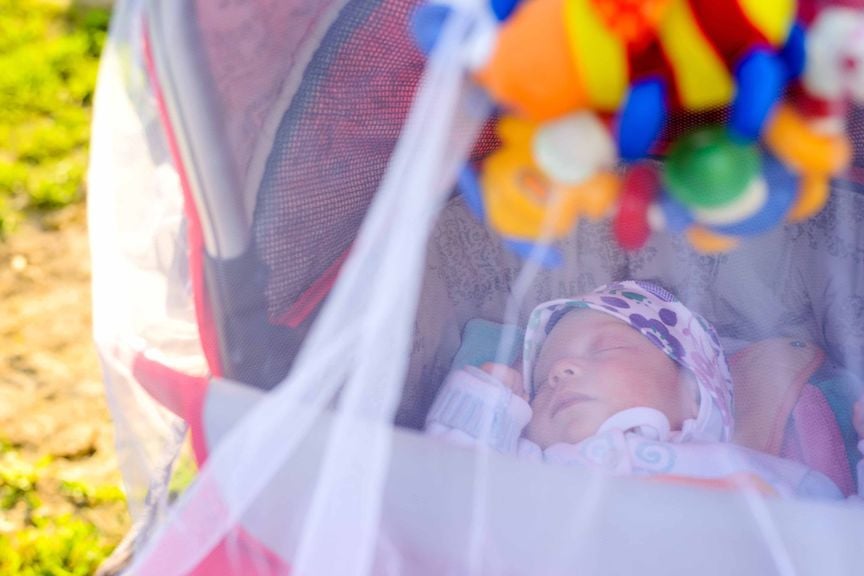 Baby schläft im Kinderwagen mit Moskitonetz