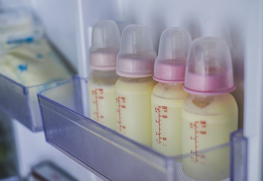 Schoppenflaschen mit Muttermilch im Kühlschrank