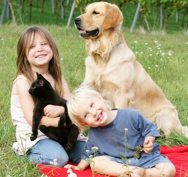Kinder mit Hund und Katze im Garten