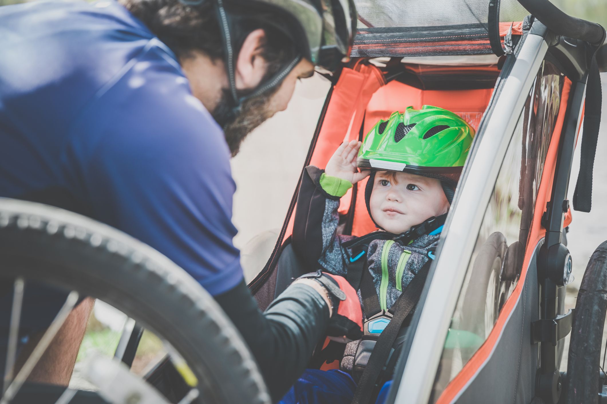 Vater schnallt Kind im Veloanhänger an