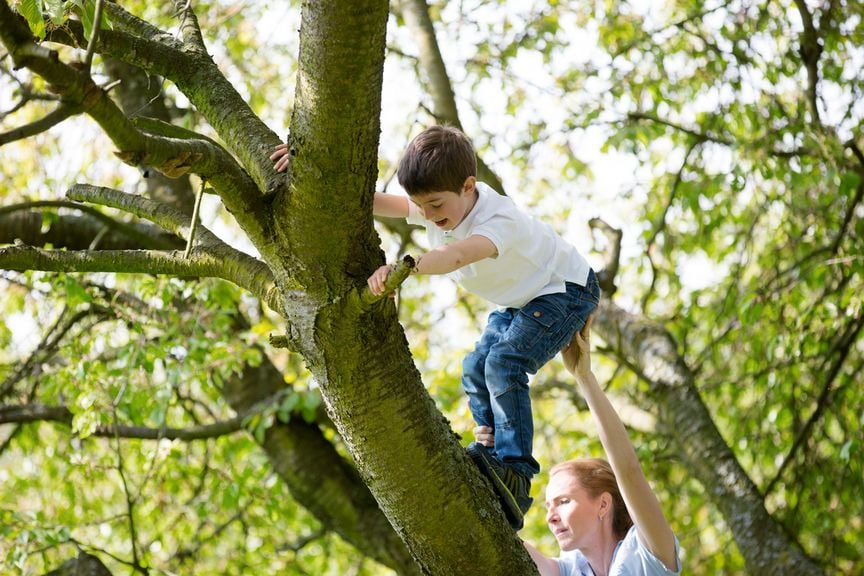 Mutter hilft dem Kind auf den Baum zu klettern