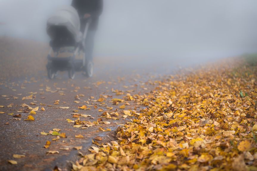 Kinderwagen im Herbstnebel