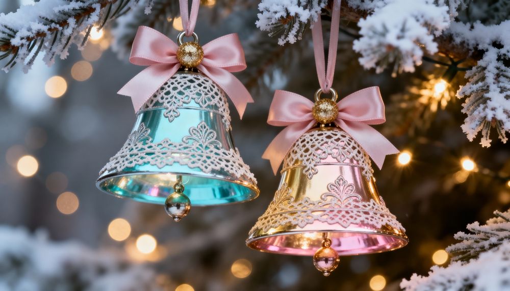 Hellblaue und rosarote Glocken mit rosaroter Schleife hängen an verschneitem Weihnachtsbaum